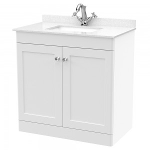 Classique 800mm Freestanding 2 Door Unit & 1 Tap Hole Marble Top with Square Basin - Satin White/White Sparkle