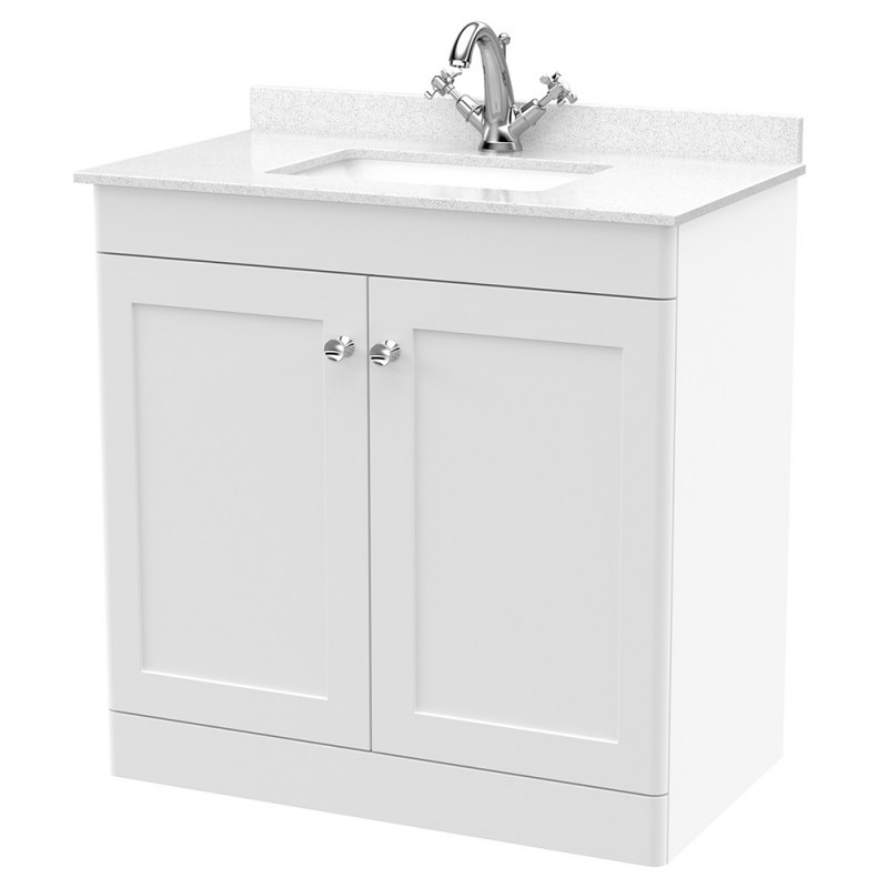 Classique 800mm Freestanding 2 Door Unit & 1 Tap Hole Marble Top with Square Basin - Satin White/White Sparkle