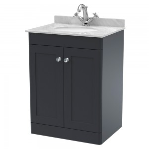Classique 600mm Freestanding 2 Door Unit & 1 Tap Hole Marble Top with Oval Basin - Soft Black/Bellato Grey