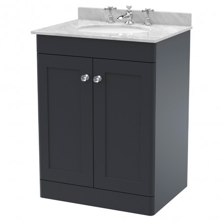 Classique 600mm Freestanding 2 Door Unit & 3 Tap Hole Marble Top with Oval Basin - Soft Black/Bellato Grey