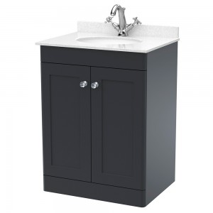 Classique 600mm Freestanding 2 Door Unit & 1 Tap Hole Marble Top with Oval Basin - Soft Black/White Sparkle