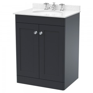 Classique 600mm Freestanding 2 Door Unit & 3 Tap Hole Marble Top with Oval Basin - Soft Black/White Sparkle