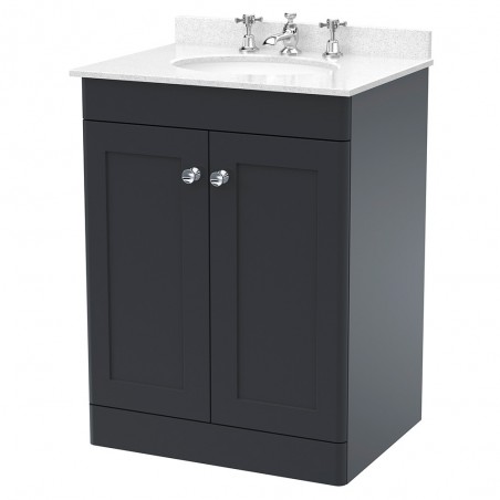 Classique 600mm Freestanding 2 Door Unit & 3 Tap Hole Marble Top with Oval Basin - Soft Black/White Sparkle