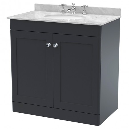 Classique 800mm Freestanding 2 Door Unit & 3 Tap Hole Marble Top with Oval Basin - Soft Black/Bellato Grey