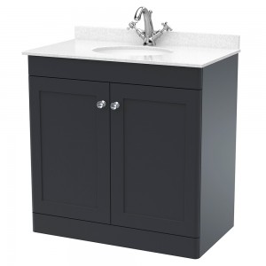 Classique 800mm Freestanding 2 Door Unit & 1 Tap Hole Marble Top with Oval Basin - Soft Black/White Sparkle