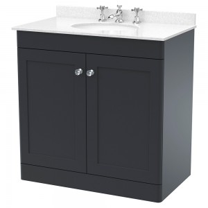 Classique 800mm Freestanding 2 Door Unit & 3 Tap Hole Marble Top with Oval Basin - Soft Black/White Sparkle