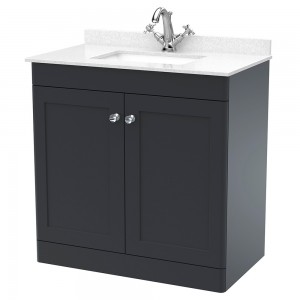 Classique 800mm Freestanding 2 Door Unit & 1 Tap Hole Marble Top with Square Basin - Soft Black