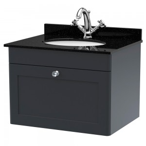Classique 600mm Wall Hung 1 Drawer Unit & 1 Tap Hole Marble Top with Oval Basin - Soft Black/Black Sparkle