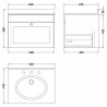 Classique 600mm Wall Hung 1 Drawer Unit & 3 Tap Hole Marble Top - Soft Black/Black Sparkle - Technical Drawing