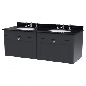 Classique 1200mm Wall Hung 2 Drawer Unit & 3 Tap Hole Marble Top with Oval Basin - Soft Black/Black Sparkle