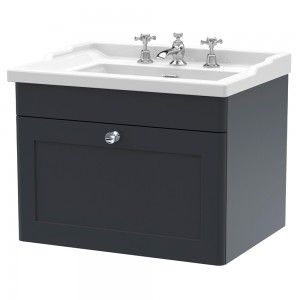 Classique 600mm Wall Hung 1 Drawer Unit & 3 Tap Hole Fireclay Basin - Soft Black