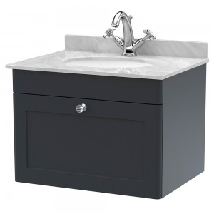Classique 600mm Wall Hung 1 Drawer Unit & 1 Tap Hole Marble Top with Oval Basin - Soft Black/Bellato Grey