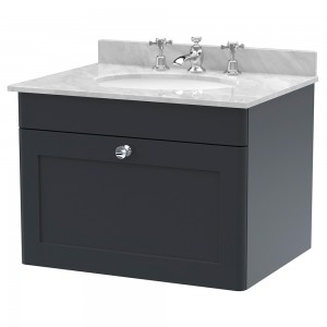 Classique 600mm Wall Hung 1 Drawer Unit & 3 Tap Hole Marble Top with Oval Basin - Soft Black/Bellato Grey