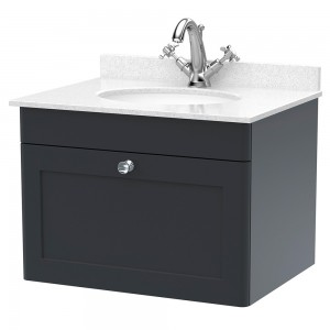 Classique 600mm Wall Hung 1 Drawer Unit & 1 Tap Hole Marble Top with Oval Basin - Soft Black/White Sparkle