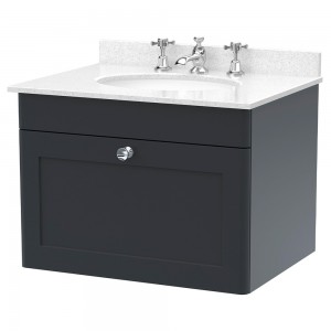 Classique 600mm Wall Hung 1 Drawer Unit & 3 Tap Hole Marble Top with Oval Basin - Soft Black/White Sparkle