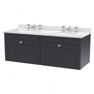 Classique 1200mm Wall Hung 2 Drawer Unit & 3 Tap Hole Marble Top with Oval Basin - Soft Black/White Sparkle