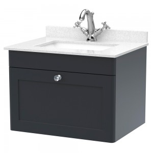 Classique 600mm Wall Hung 1 Drawer Unit & 1 Tap Hole Marble Top with Square Basin - Soft Black/White Sparkle