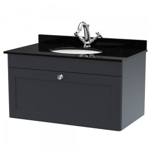 Classique 800mm Wall Hung 1 Drawer Unit & 1 Tap Hole Marble Top with Oval Basin - Soft Black/Black Sparkle