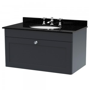 Classique 800mm Wall Hung 1 Drawer Unit & 3 Tap Hole Marble Top with Oval Basin - Soft Black/Black Sparkle