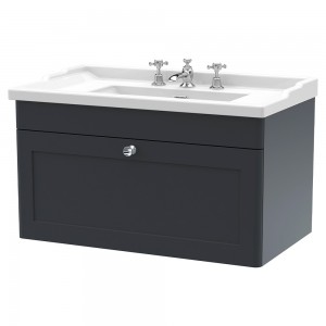 Classique 800mm Wall Hung 1 Drawer Unit & 3 Tap Hole Fireclay Basin - Soft Black