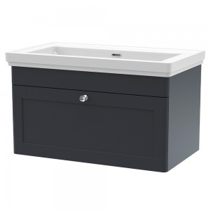 Classique 800mm Wall Hung 1 Drawer Unit & 0 Tap Hole Fireclay Basin - Soft Black