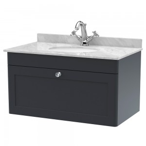 Classique 800mm Wall Hung 1 Drawer Unit & 1 Tap Hole Marble Top with Oval Basin - Soft Black/Bellato Grey