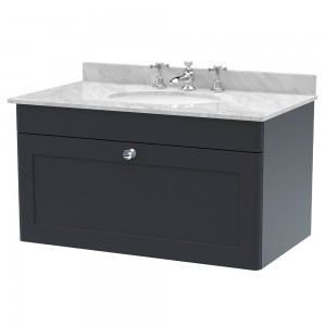 Classique 800mm Wall Hung 1 Drawer Unit & 3 Tap Hole Marble Top with Oval Basin - Soft Black/Bellato Grey