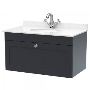 Classique 800mm Wall Hung 1 Drawer Unit & 1 Tap Hole Marble Top with Oval Basin - Soft Black/White Sparkle