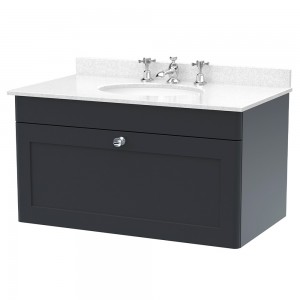 Classique 800mm Wall Hung 1 Drawer Unit & 3 Tap Hole Marble Top with Oval Basin - Soft Black/White Sparkle