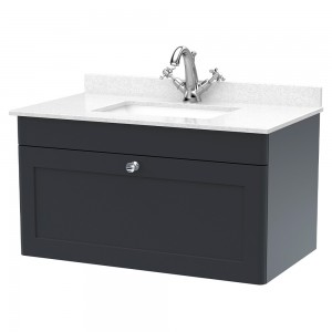 Classique 800mm Wall Hung 1 Drawer Unit & 1 Tap Hole Marble Top with Square Basin - Soft Black/White Sparkle