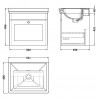 Classique 500mm Wall Hung 1 Drawer Unit & 0 Tap Hole Fireclay Basin - Satin White - Technical Drawing
