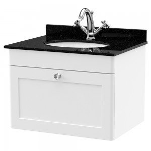 Classique 600mm Wall Hung 1 Drawer Unit & 1 Tap Hole Marble Top with Oval Basin - Satin White/Black Sparkle