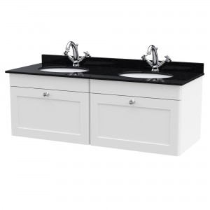 Classique 1200mm Wall Hung 2 Drawer Unit & 1 Tap Hole Marble Top with Oval Basin - Satin White/Black Sparkle