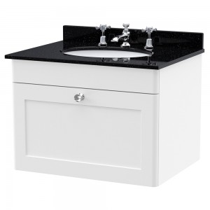 Classique 600mm Wall Hung 1 Drawer Unit & 3 Tap Hole Marble Top with Oval Basin - Satin White/Black Sparkle