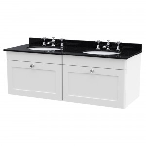Classique 1200mm Wall Hung 2 Drawer Unit & 3 Tap Hole Marble Top with Oval Basin - Satin White/Black Sparkle