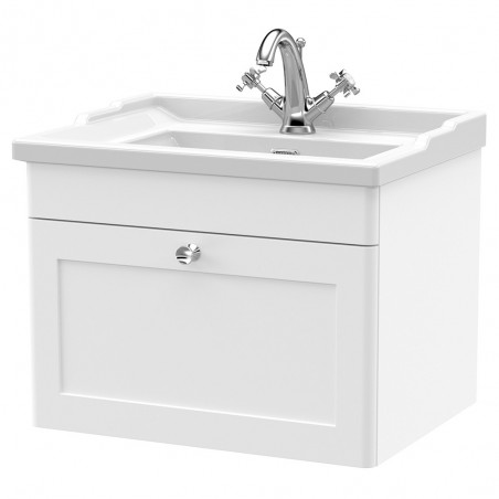 Classique 600mm Wall Hung 1 Drawer Unit & 1 Tap Hole Fireclay Basin - Satin White