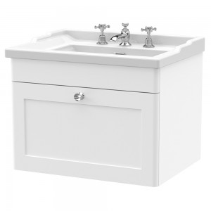 Classique 600mm Wall Hung 1 Drawer Unit & 3 Tap Hole Fireclay Basin - Satin White