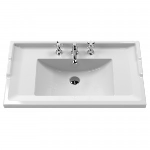 Classique 600mm Wall Hung 1 Drawer Unit & 3 Tap Hole Fireclay Basin - Satin White