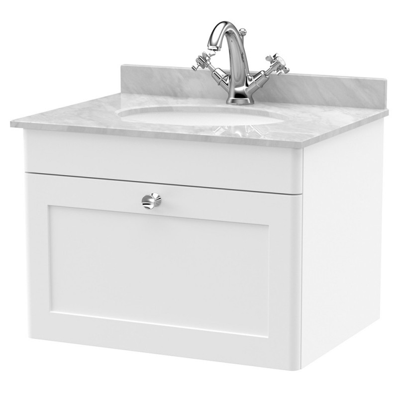 Classique 600mm Wall Hung 1 Drawer Unit & 1 Tap Hole Marble Top with Oval Basin - Satin White/Bellato Grey