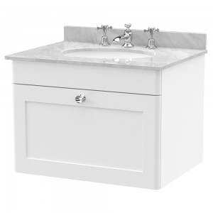 Classique 600mm Wall Hung 1 Drawer Unit & 3 Tap Hole Marble Top with Oval Basin - Satin White/Bellato Grey