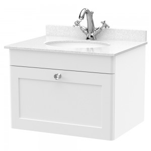 Classique 600mm Wall Hung 1 Drawer Unit & 1 Tap Hole Marble Top with Oval Basin - Satin White/White Sparkle