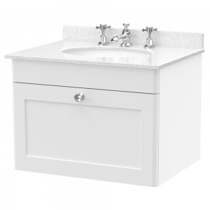 Classique 600mm Wall Hung 1 Drawer Unit & 3 Tap Hole Marble Top with Oval Basin - Satin White/White Sparkle