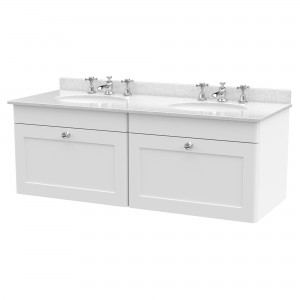 Classique 1200mm Wall Hung 2 Drawer Unit & 3 Tap Hole Marble Top with Oval Basin - Satin White/White Sparkle