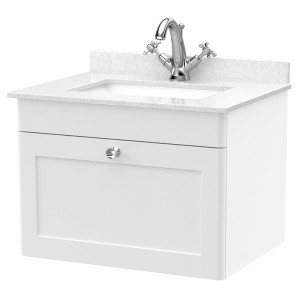 Classique 600mm Wall Hung 1 Drawer Unit & 1 Tap Hole Marble Top with Square Basin - Satin White/White Sparkle