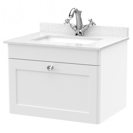 Classique 600mm Wall Hung 1 Drawer Unit & 1 Tap Hole Marble Top with Square Basin - Satin White/White Sparkle