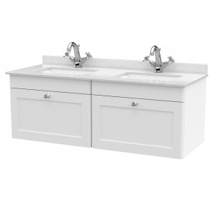 Classique 1200mm Wall Hung 2 Drawer Unit & 1 Tap Hole Marble Top with Square Basin - Satin White/White Sparkle