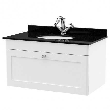 Classique 800mm Wall Hung 1 Drawer Unit & 1 Tap Hole Marble Top with Oval Basin - Satin White/Black Sparkle