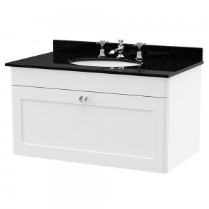 Classique 800mm Wall Hung 1 Drawer Unit & 3 Tap Hole Marble Top with Oval Basin - Satin White/Black Sparkle
