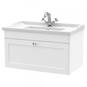 Classique 800mm Wall Hung 1 Drawer Unit & 1 Tap Hole Fireclay Basin - Satin White