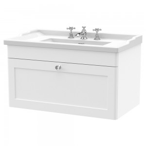 Classique 800mm Wall Hung 1 Drawer Unit & 3 Tap Hole Fireclay Basin - Satin White